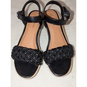 Time And Tru Sandals Women 7.5 Black Slip On Open Toe Platform Wedge Cork Shoes